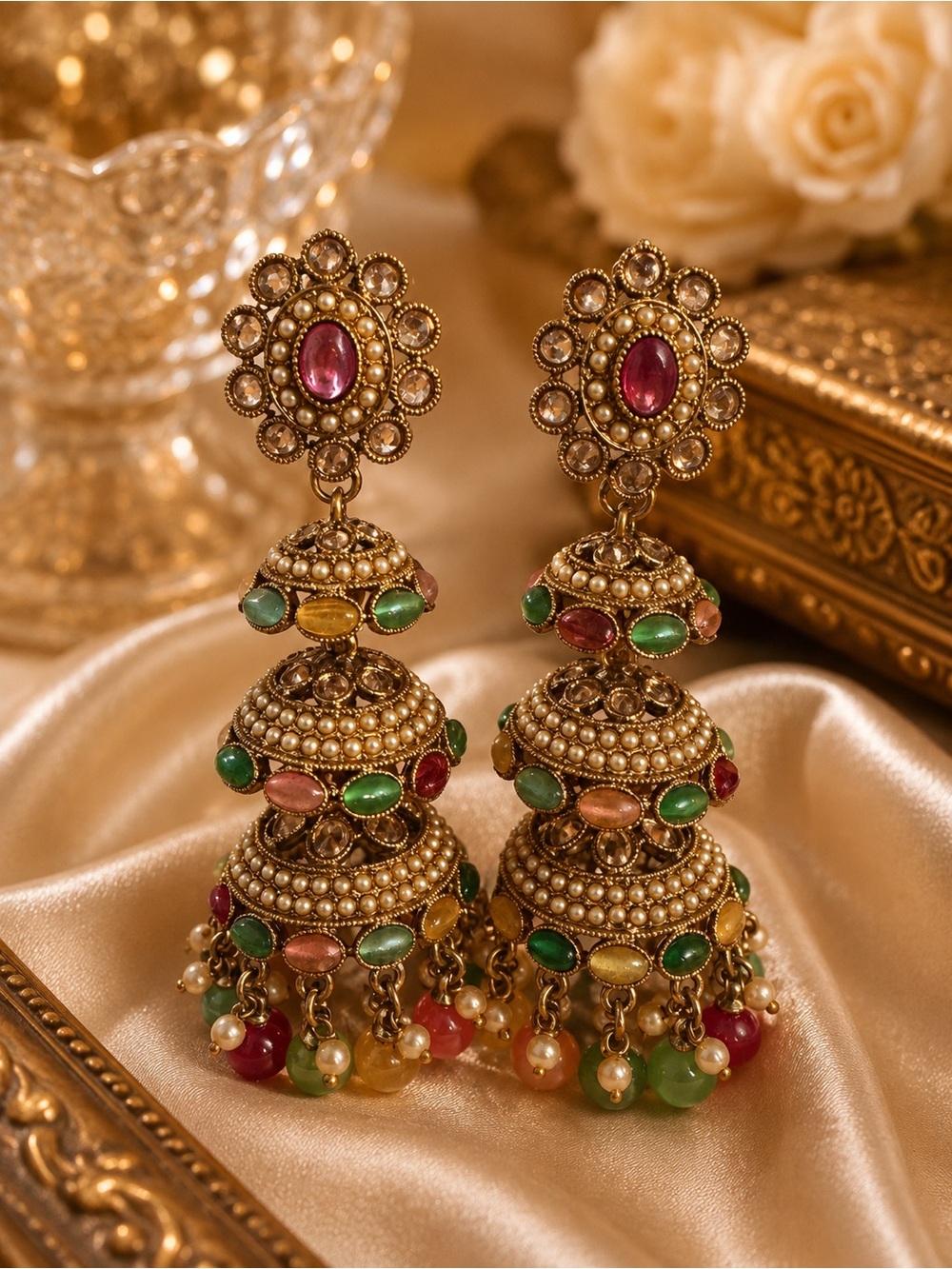 Gold-Tone Multicolor Jhumka Earrings - Elegant Women’s Jewelry